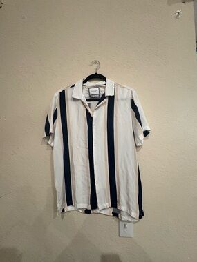 Denim & Flower Short Sleeve Button-Down Shirt in White, Navy & Beige Stripes